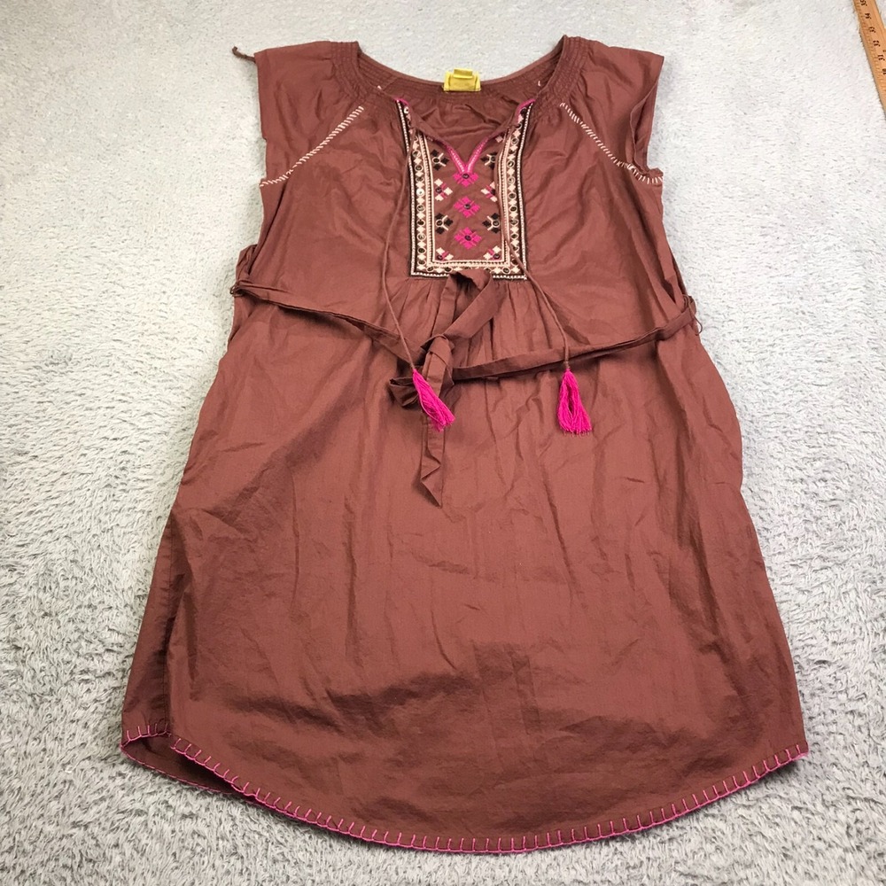 Maeve Anthro Marbella Dress Womens 10 Brown Embroidered Aztec Tassel Peasant